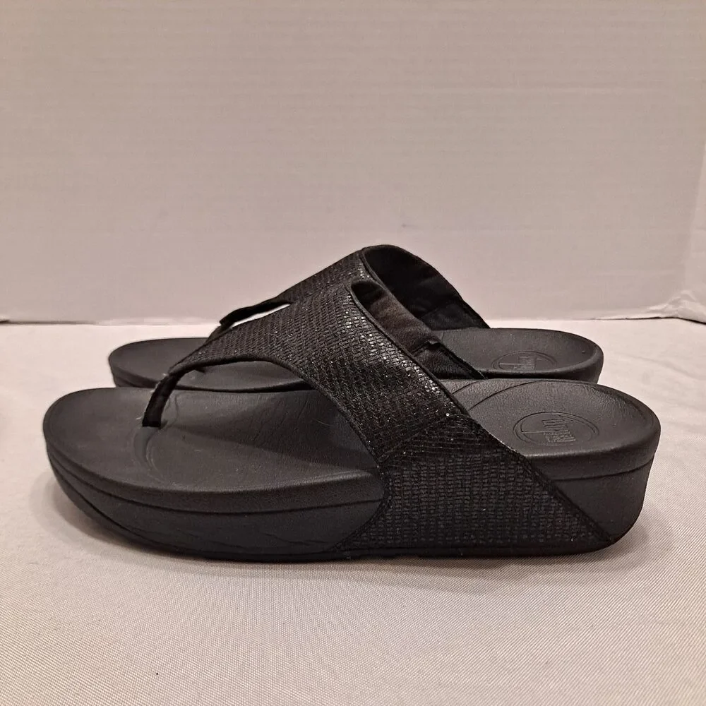 Fitflop Women's Lulu Thong Sandals Size 8 Black Glitter Wedge Platform Shoes